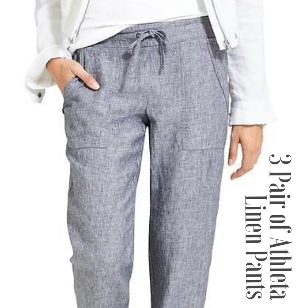 3 Pair Athleta Linen Ankle Pants Navy, Black & White, and oatmeal. Size 6 Tall.